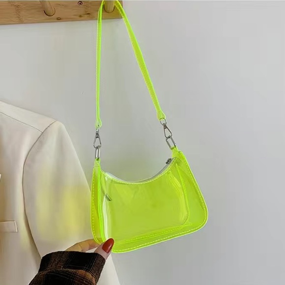 Womens NEW Y2K Neon Yellow PVC Zipper Shoulder Bag Clutch Travel Makeup Purse - Picture 3 of 6